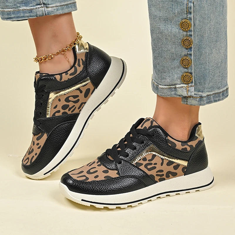 2025 Spring Leopard Print Platform Sneakers Women Black Thick Bottom Vulcanized Shoes Woman Cozy Lace Up Wedge Sport Shoes Woman