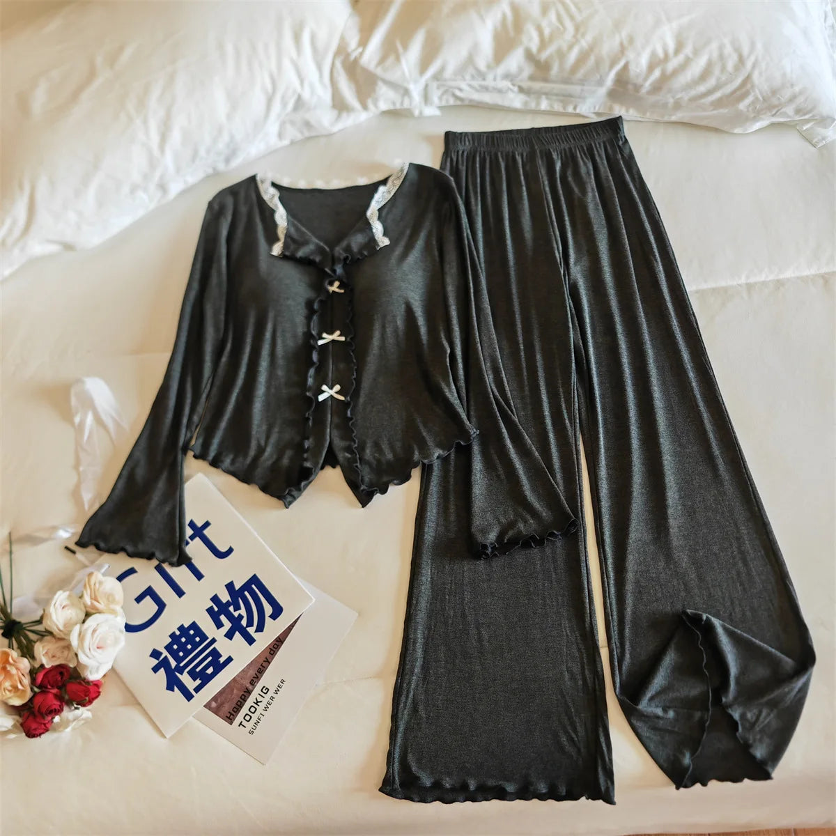 Pijama Feminina New Modal Chest Pad Set 2 Piece Woman Long Sleeve Pajama Sets Casual Korean Sleepwear Pyjamas Femme Home Wear