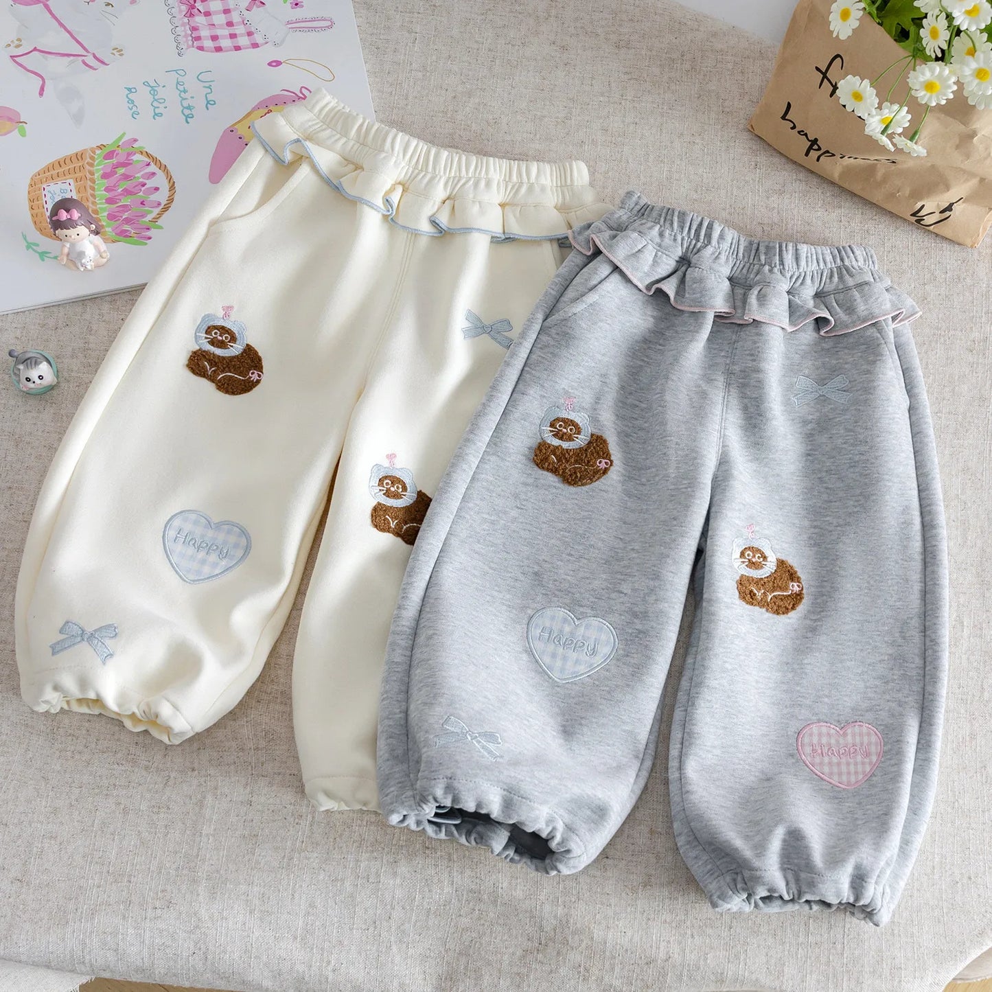 Girls Pants 2025 Spring Autumn Cartoon Trousers for Kids Embroidered Children Casual Loose Toddler Sporty Pants Baby Clothing