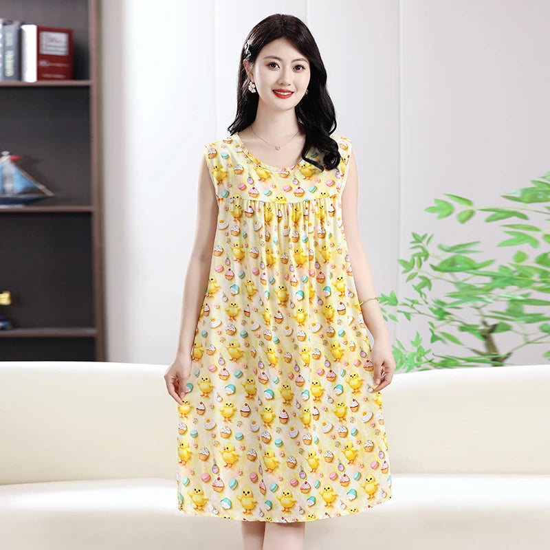 2025 New Women's Spwear Cotton Silk Nightgown round Ne Mid-Length Svel Dr Artificial Cotton Home Clothes