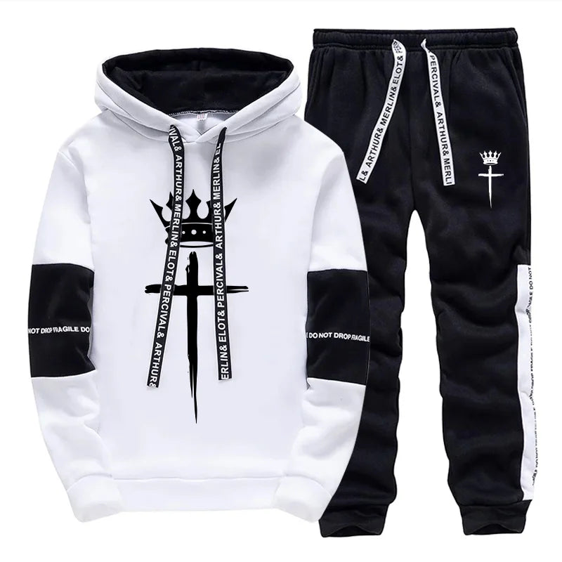 Cross Crown Print Sweatshirts Sweatpants High Quality Street Fashion Tracksuit 2025 Fall/winter Men's Sportswear 2pcs Set