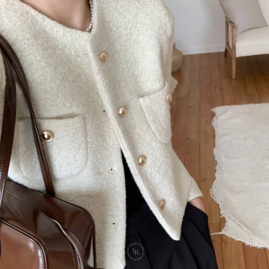 Women Autumn Winter 2025 French Vintage Coat Temperament High Quality Korean Casual Single Breasted Slim Tweed Jackets