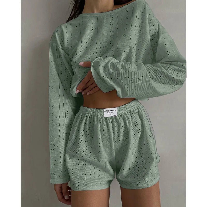 Women's Pajamas Set Sleepwear Loungewear Autumn Soft Comfortable Long Sleeve Tops With Shorts Pyjama Femme Home Clothes 2 Piece
