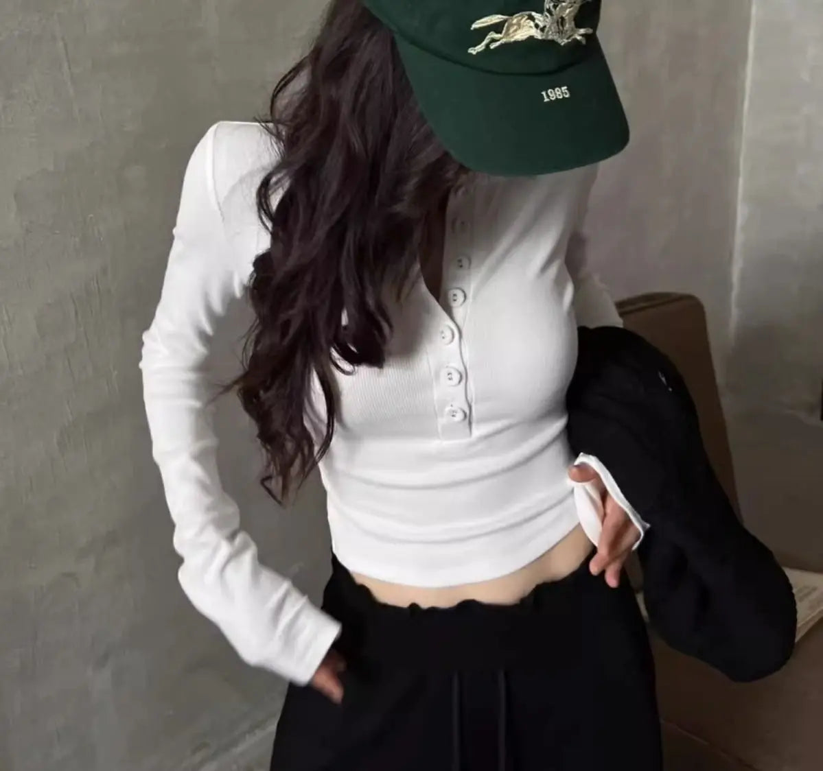 Polo Neck T Shirt for Women Sexy Crop Top Button Long Sleeve Woman Tshirt Slim Black Youthful Elegant Synthetic Aesthetic Luxury