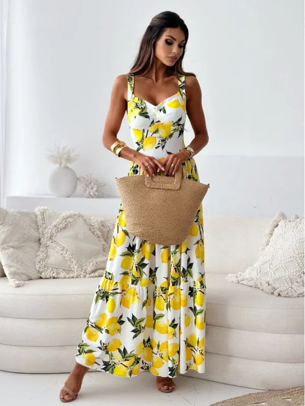 Women's Vest Dress Sexy Off-shoulder Fashion Fruit Print Party Backless Party Vacation Long Dress