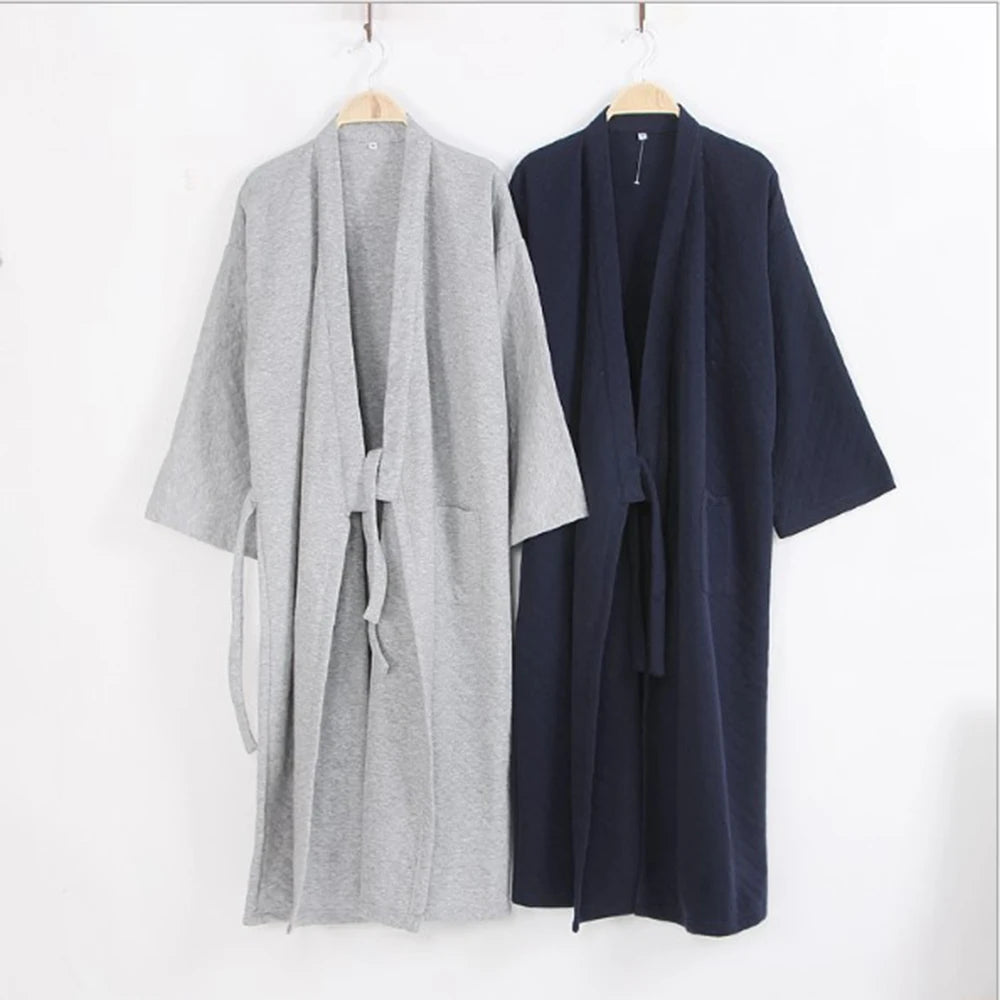 Fashion Japanese Style Kimono Robe Solid Color Lace Up Long Bathrobe Pajamas Belt Cotton Home Pijama Robes Clothing For Men