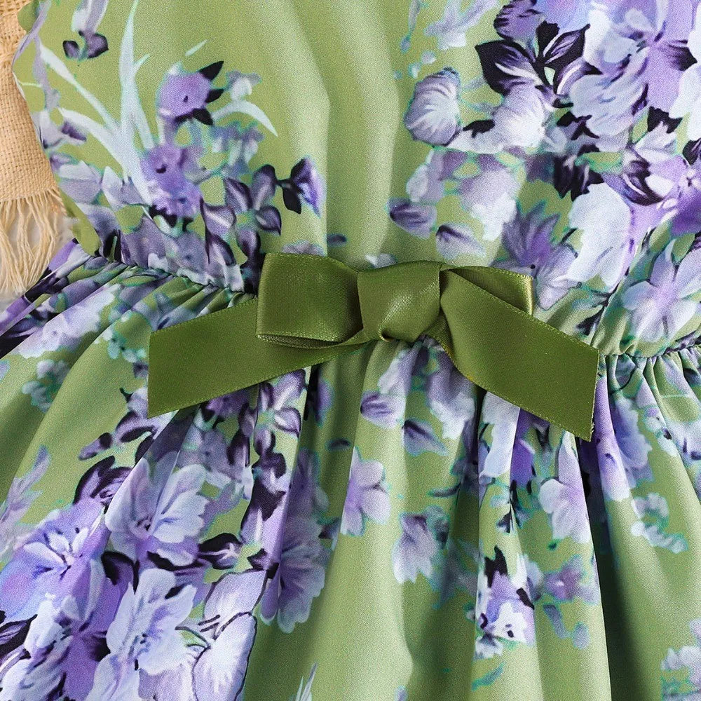Girls' Dress, Full Flower Print Dress,O-neck Casual Dress, Waist Dress with Bow Decoration, Suitable for Girls' Dresses Aged 2-7
