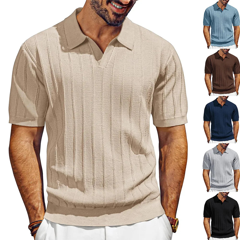 Polo Shirts Knitted Solid Tops Pullover V Neck Short Sleeve Tees Men Casual Shirt Summer Slight Strech Spliced Loose 2025