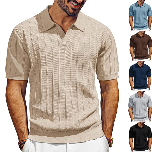 Polo Shirts Knitted Solid Tops Pullover V Neck Short Sleeve Tees Men Casual Shirt Summer Slight Strech Spliced Loose 2025