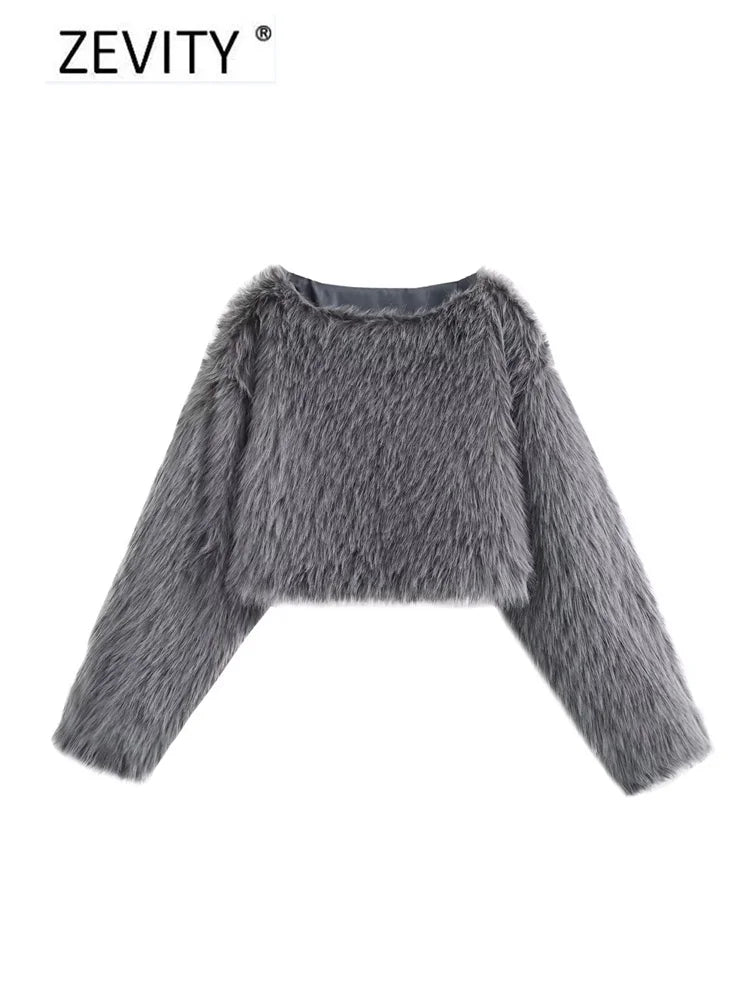 ZEVITY Women Fashion 4 Colors O Neck Long Sleeve Casual Fur Pullover Jacket Female Outerwear Chic Autumn Winter Coat Tops CT7356