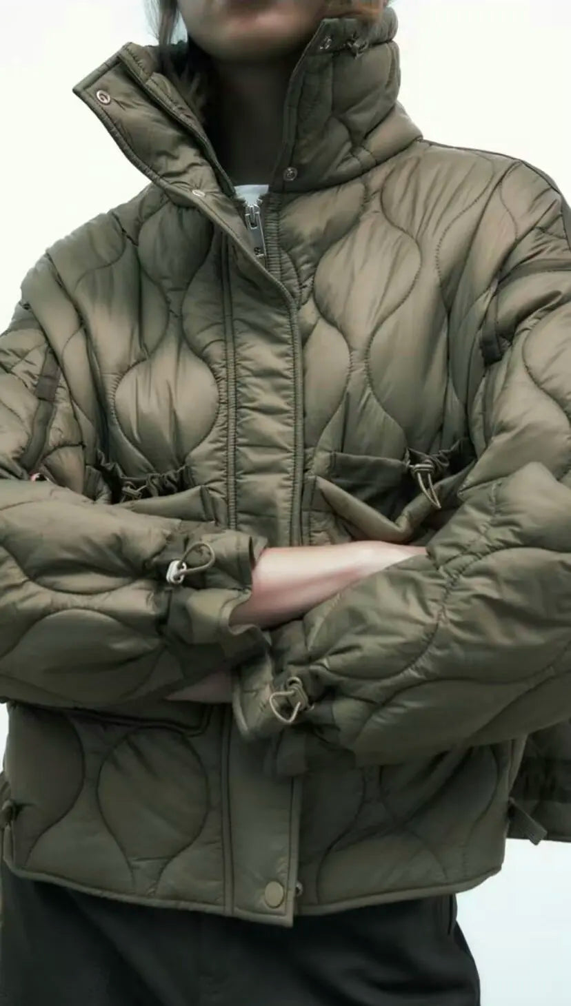 Quilted coat for women ETJ 2024traf QUILTED JACKET WITH TIES new beige drawstring high neck pocket clip cotton jacket for women