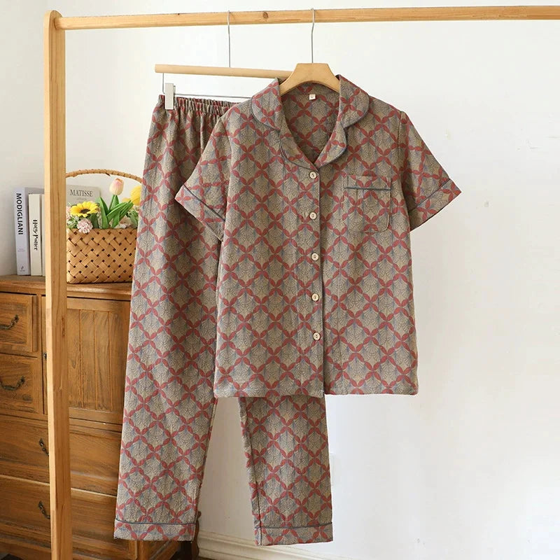 Summer Pijama Cotton Pajamas Set Middle Aged Mother Women 2 Piece Set Outfit Jacquard Home Wear Trousers Short Sleeve Sleepwear