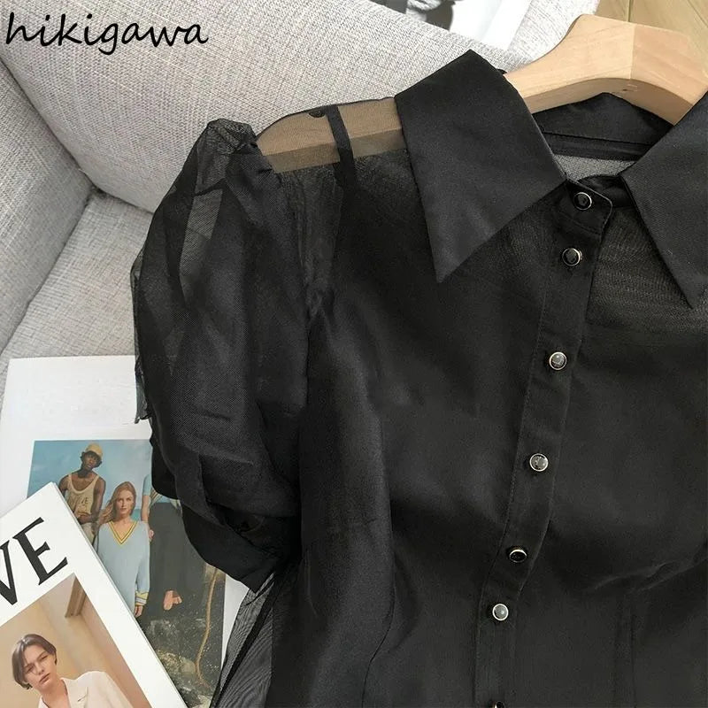 Black Blouse Women Clothing Puff Sleeve Turndown Collar Crop Tops 2025 Blusas Mujer De Moda Gauze See Through Sexy Shirts 7o132
