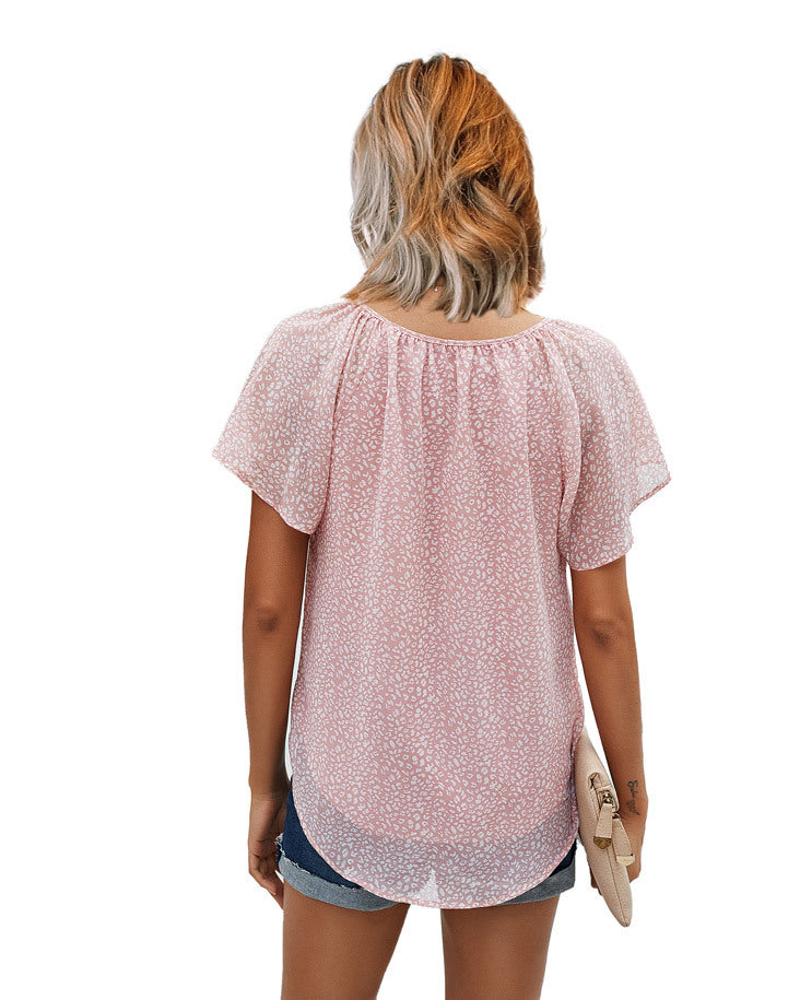 Women Blouses Butterfly Short Sleeves Shirt  Summer Bow Lace Up Polka Dot Female Tops Ruffle Pullover Vintage Blusa