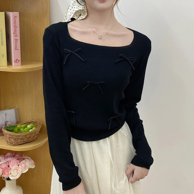 Women Bow Cute Knitted Crop Tops Long Sleeve Square Collar Slim Black Pullover Sweater Female 2025 Autumn And Winter