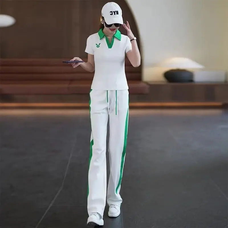 Women's Casual Sports Suit 2025 New Summer Spring Style Clothes Fashion Short Sleeve Lapel T-shirt Wide Leg Pants Two Piece Set