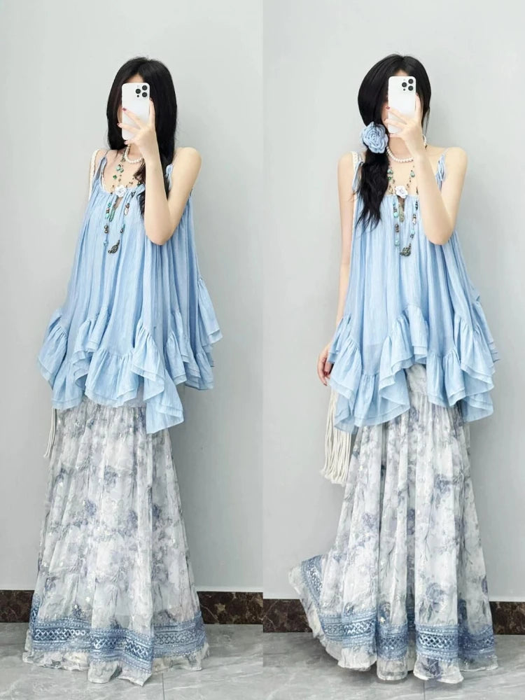 Women Clothes Summer Y2k Tops Sleeveless Solid Vest Irregular Ruffles Loose Camis Fashion Sweet Vintage Tanks 2025 Ropa Mujer