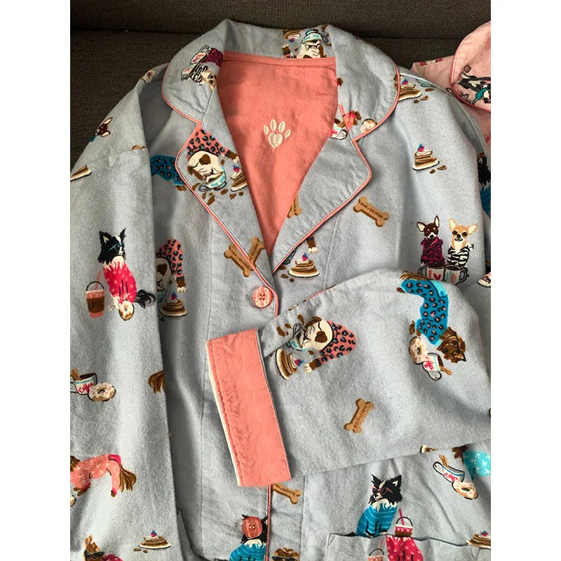 Fashion Cartoon Pijama Mujer Lencerias Cotton Long Sleeve Trouser Suits Sleepwear Loose Casual Home Clothes Loungewear Pyjama