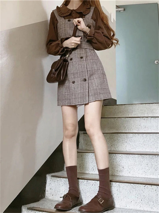 Girl Plaid blouse Vintage Dress suits Women Dresses Female Sundress suit braces Robe Femme Vestido separately 2 piece set women
