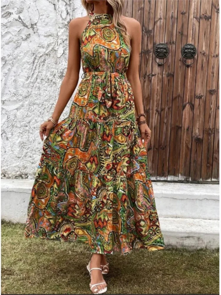 Women's Dress Elegant Print Sleeveless O-neckhalter Off Shoulder Dresses Vintage Waistlace Up Boho Women Long Dress Vestidos
