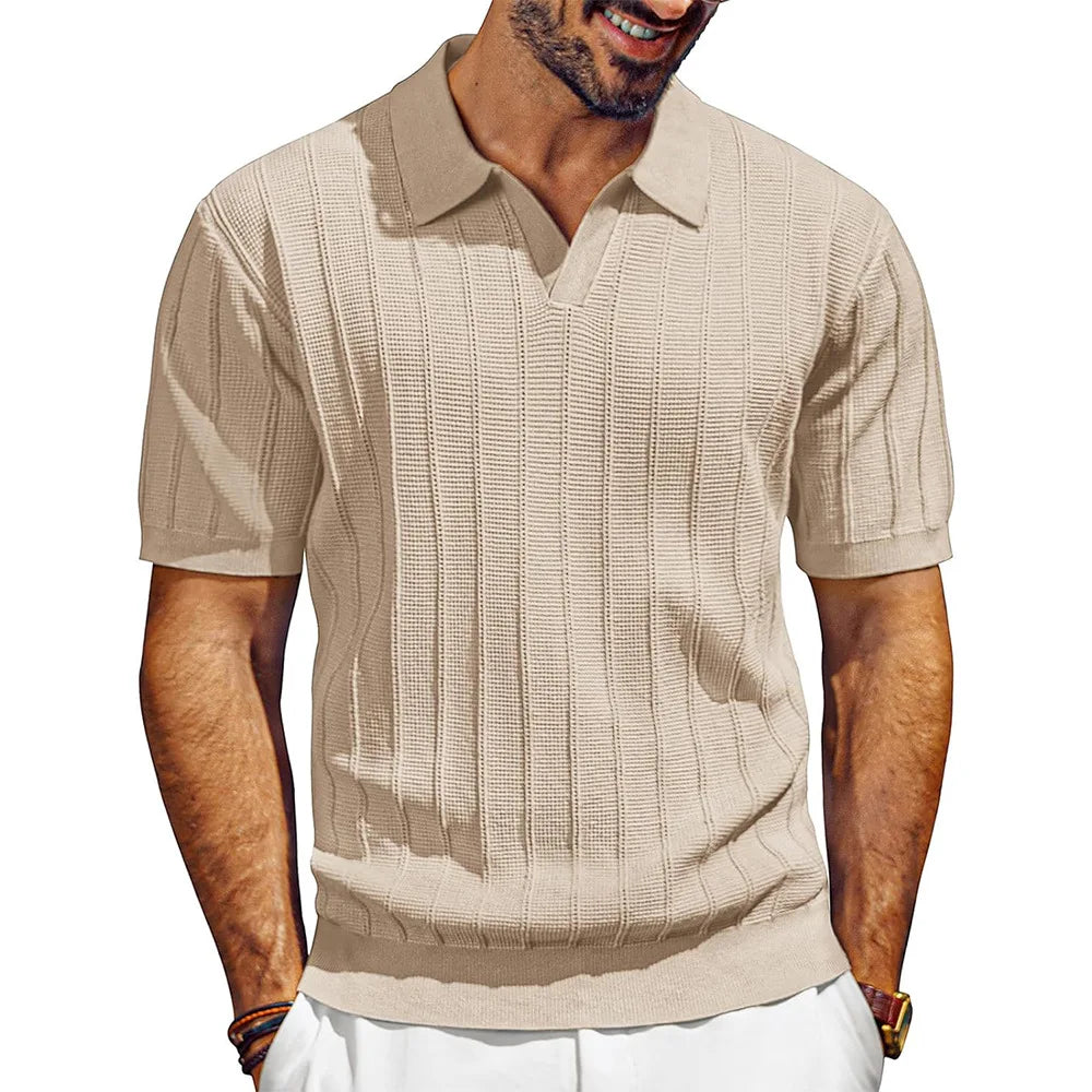 Polo Shirts Knitted Solid Tops Pullover V Neck Short Sleeve Tees Men Casual Shirt Summer Slight Strech Spliced Loose 2025