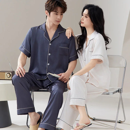 Pajamas for Couples Ice Silk Satin Men's Women's Short Sleeves Shirt Pants Sleepwear Home Clothes Suit Male Pijama