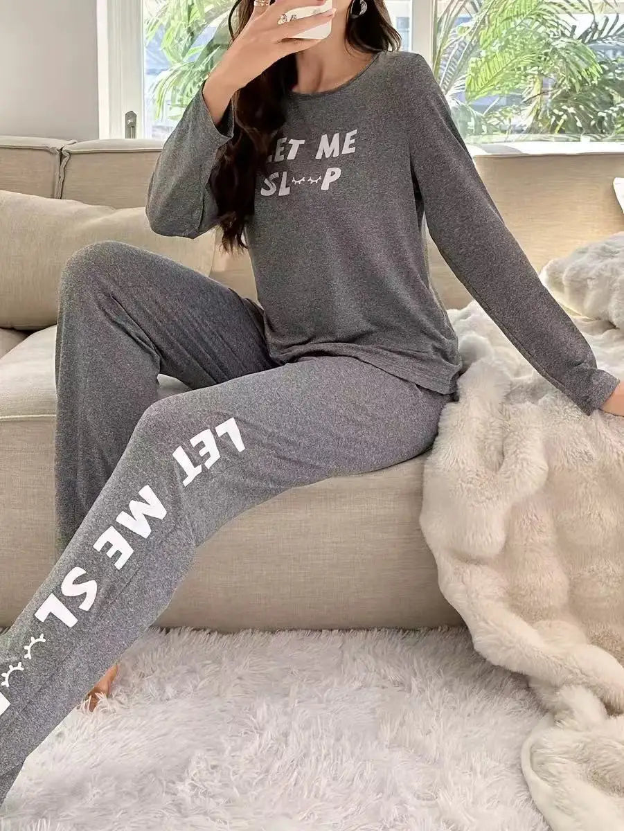 Women's Pyjama Set Fashionable Alphabet Print Round Neck Top and Long Trousers Set Simple and Casual Homewear