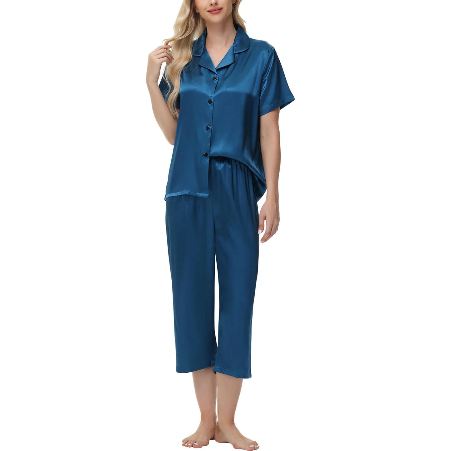 Women'S Pajama Set Burgundy Silky Fabric Short Sleeve Fashion Pants Home Clothes Bedroom Leisure Scene Stay At Home