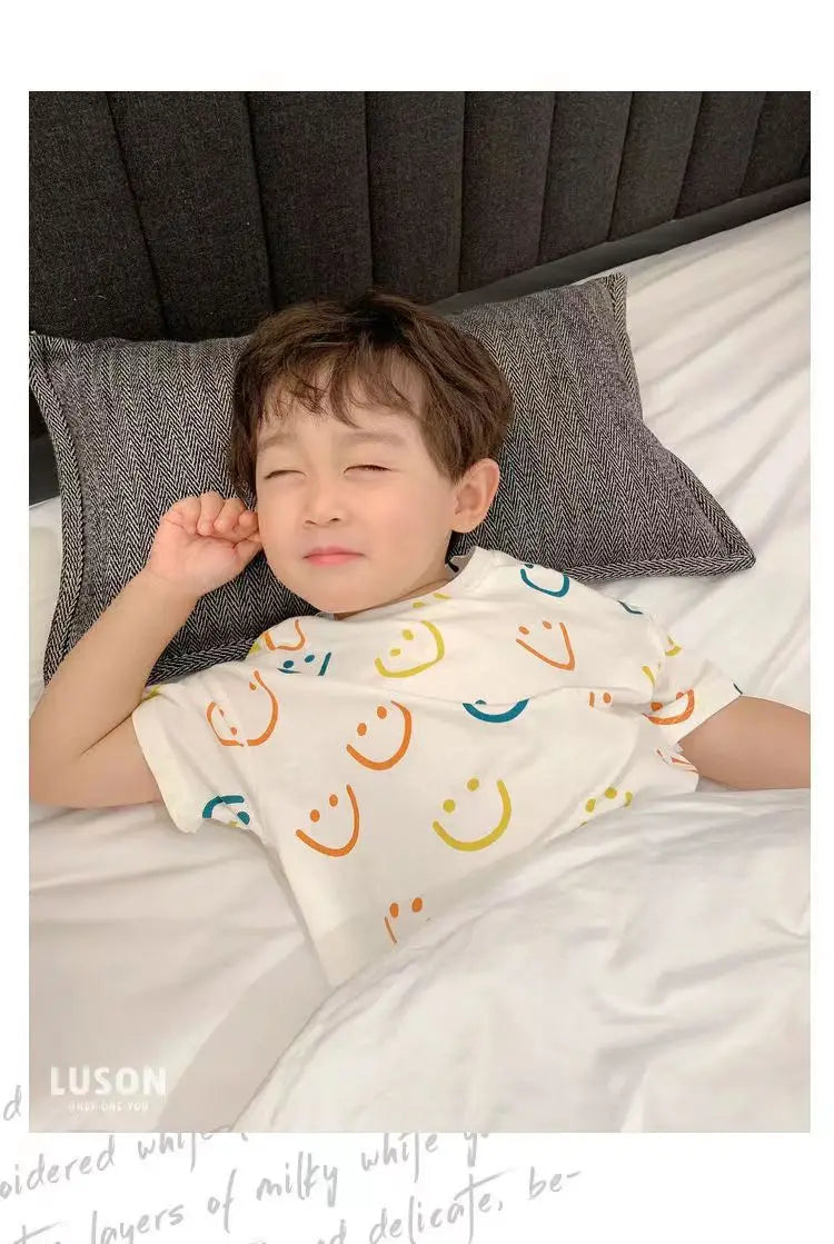 Summer Home Clothes Air-conditioned Clothes Boys and Girls Ice Silk Fabric Loose Short Sleeved Shorts Two-piece Set of Pajamas