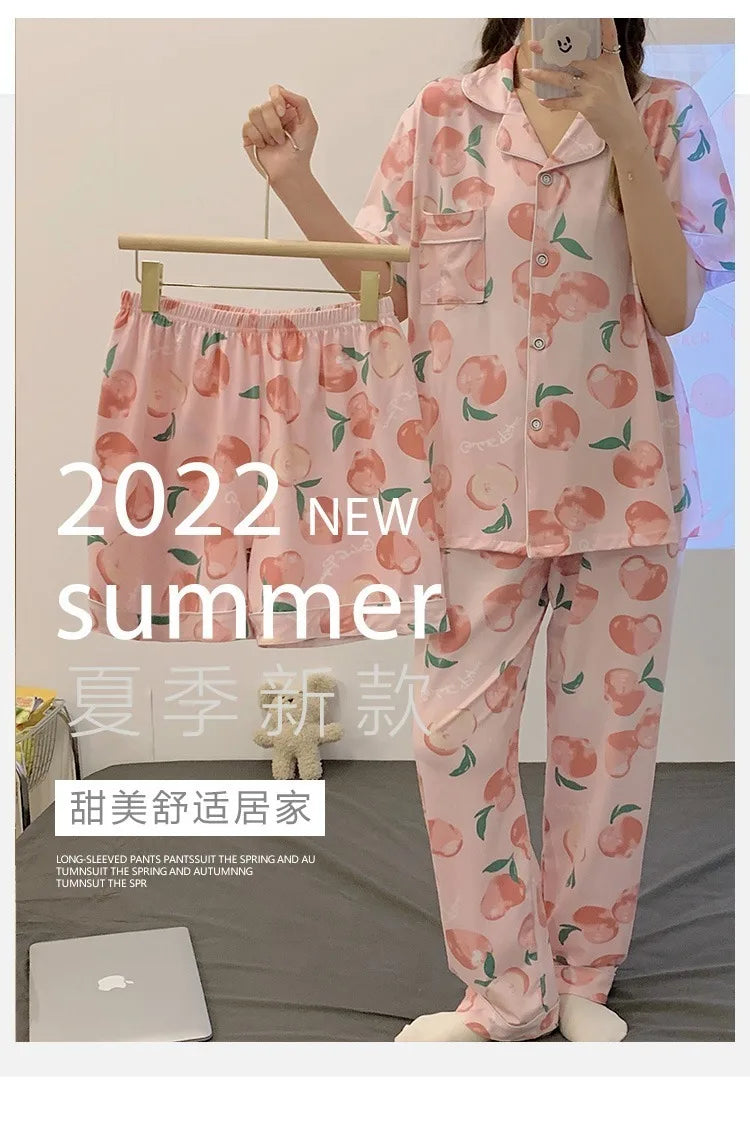 Women's Summer Three-Piece Pajama Set: Cute Teenage Student Short-Sleeved Long Pants Casual Korean-Style Pajamas Underwear