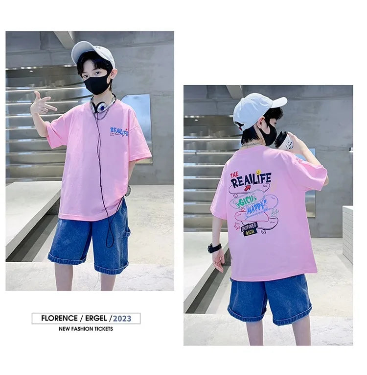 Summer Kids Clothes Streetwear Fashion English Skateboard Print T Shirt 100%Cotton Tops Tees Children Short Sleeve Boys Clothes