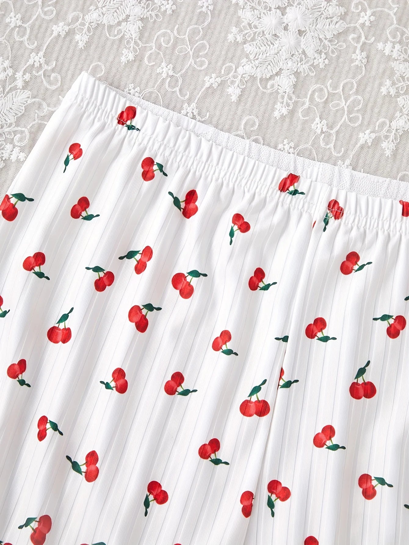 Women's Pajamas Set V-Neck Sleeveless Camisole Vest Cherry Printed Knitted Splicing Mesh Pants Sexy Home Pijama 2 Piece Woman