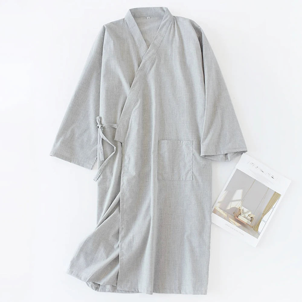Fashion Japanese Style Kimono Robe Solid Color Lace Up Long Bathrobe Pajamas Belt Cotton Home Pijama Robes Clothing For Men