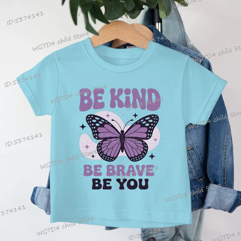 Children's Clothing Be Kind Be Brave Be You T-shirt Kids Retro Little Girl Quotes Graphic Tee Butterfly Lover Soft Cotton Tee