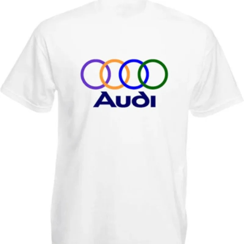 T Shirt for Men Summer Casual Streetwear Style Audi Car Graphic Cottonblack White Contrast Print Left Chest Motorsport Theme