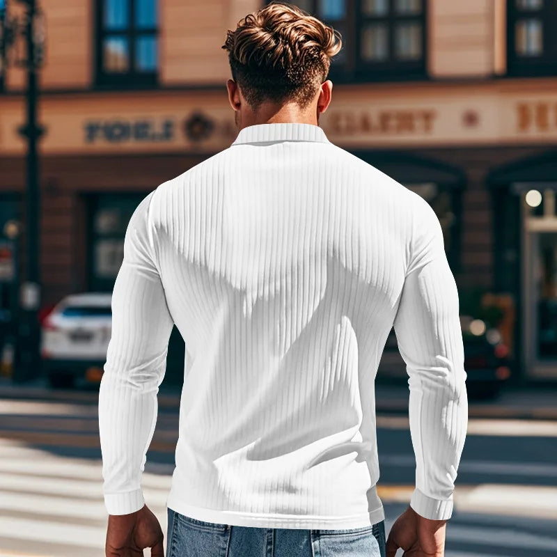 Business Striped Polo Shirt Men 2025 Autumn Men's American Lapel Tops Button-up Long-sleeve T-shirt Elastic Stripe Polo Shirts