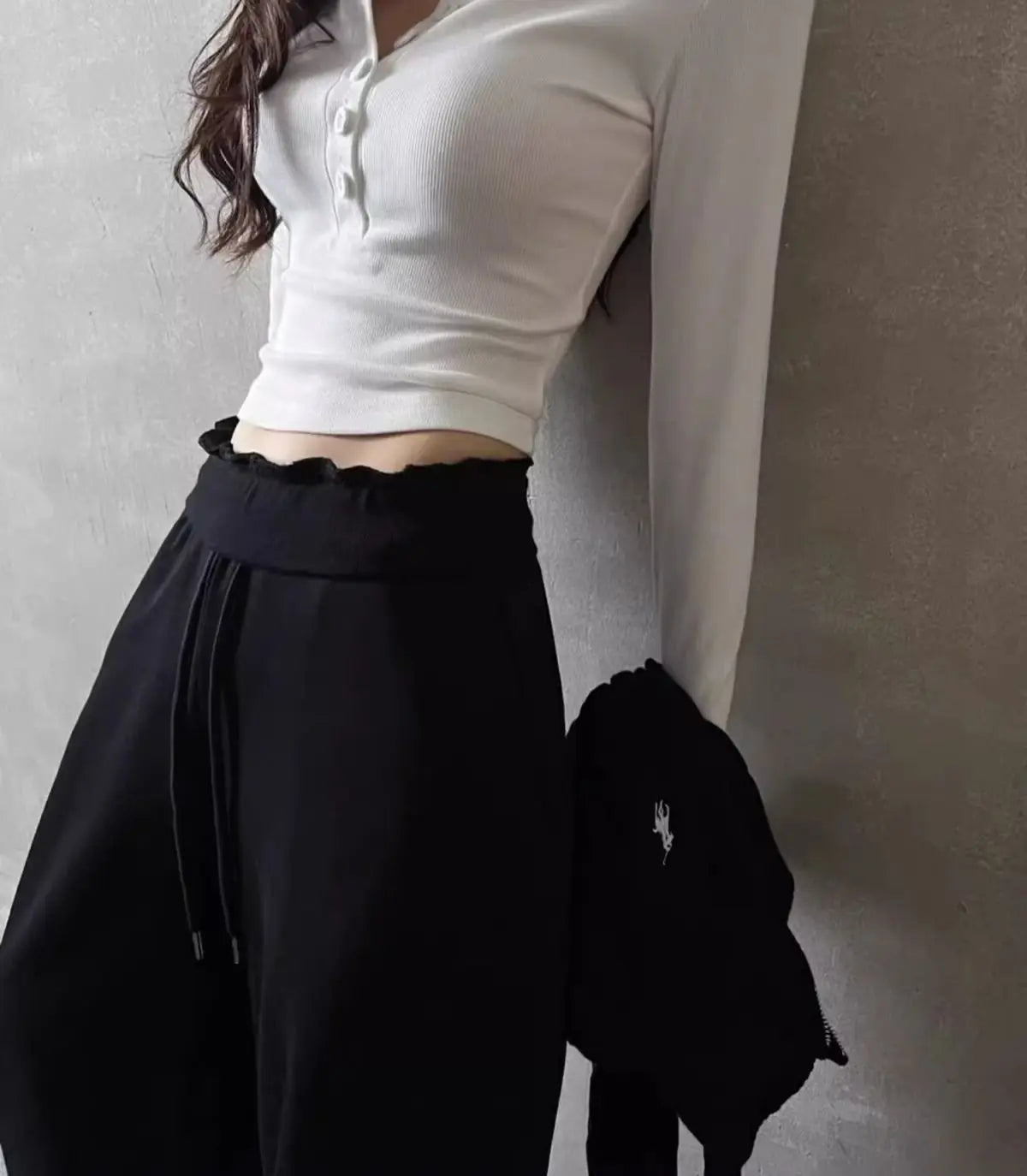 Polo Neck T Shirt for Women Sexy Crop Top Button Long Sleeve Woman Tshirt Slim Black Youthful Elegant Synthetic Aesthetic Luxury