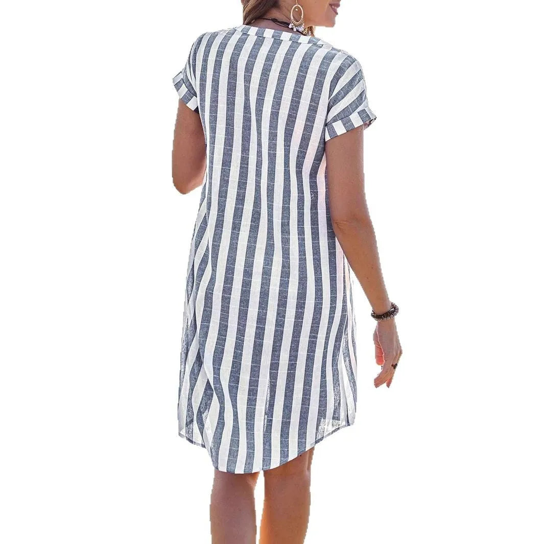 Women's Fashion Summer Shirt Dress Elegant Casual Striped Stand Collar Front Button Loose Short Sleeves Dresses