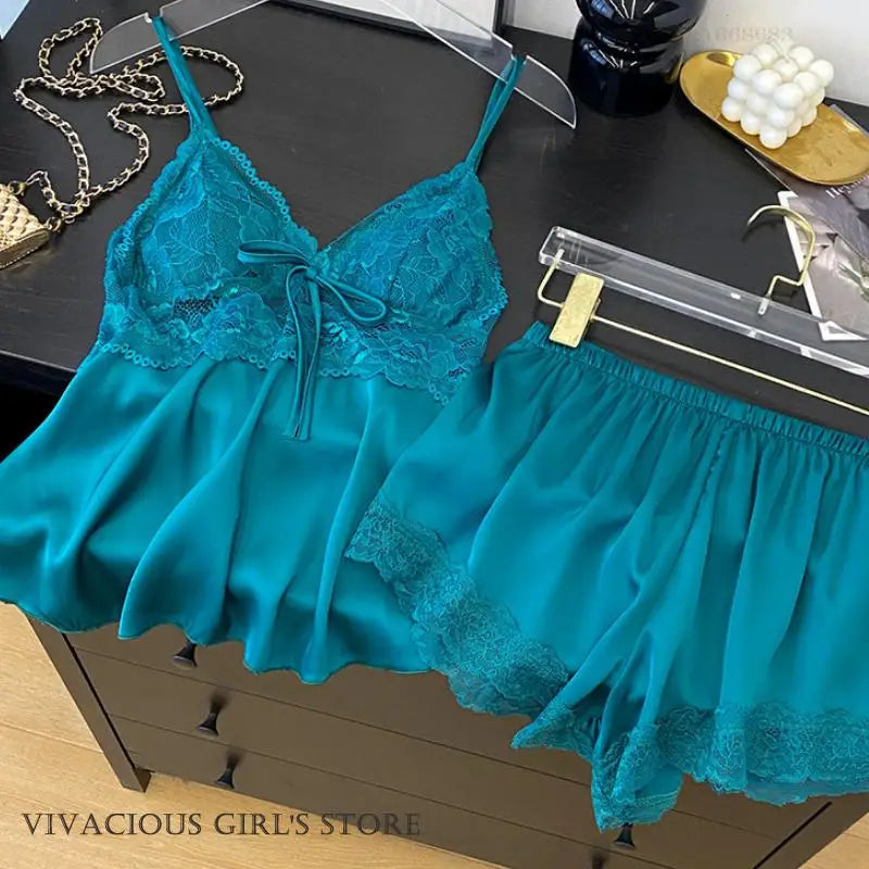 Female Suspender Pajamas Set Lounge Wear Sexy Hollow Out Lace Intimate Lingerie Sleepwear Summer New Strap Top&shorts Homewear
