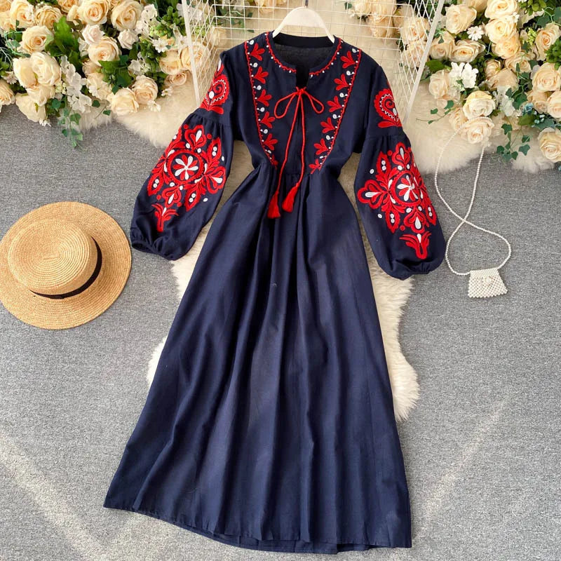 Bohemian Embroidered Dress for Women, Boho, Flower, O-Neck, Lantern Long Sleeve, High Waist, Cotton, White, Spring