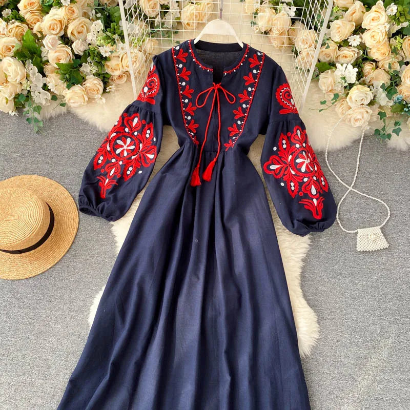 Bohemian Embroidered Dress for Women, Boho, Flower, O-Neck, Lantern Long Sleeve, High Waist, Cotton, White, Spring