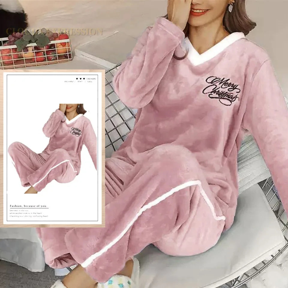 Autumn Winter Flannel Women's Pajamas Sets Polka Dots Printed Teddy Sleepwear Velvet Homewear Kawaii Girsl Pijamas Mujer Pyjama