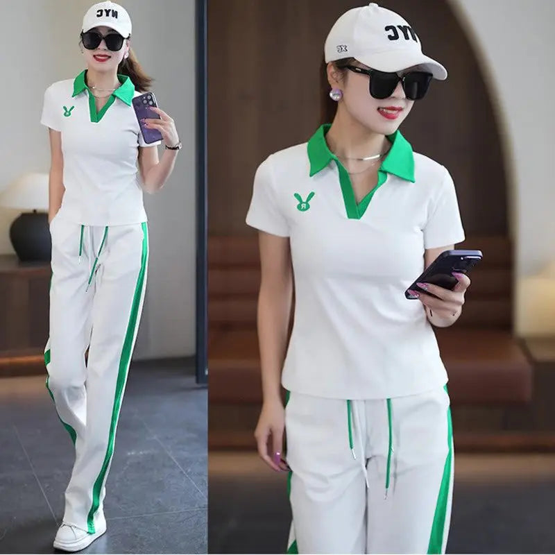 Women's Casual Sports Suit 2025 New Summer Spring Style Clothes Fashion Short Sleeve Lapel T-shirt Wide Leg Pants Two Piece Set