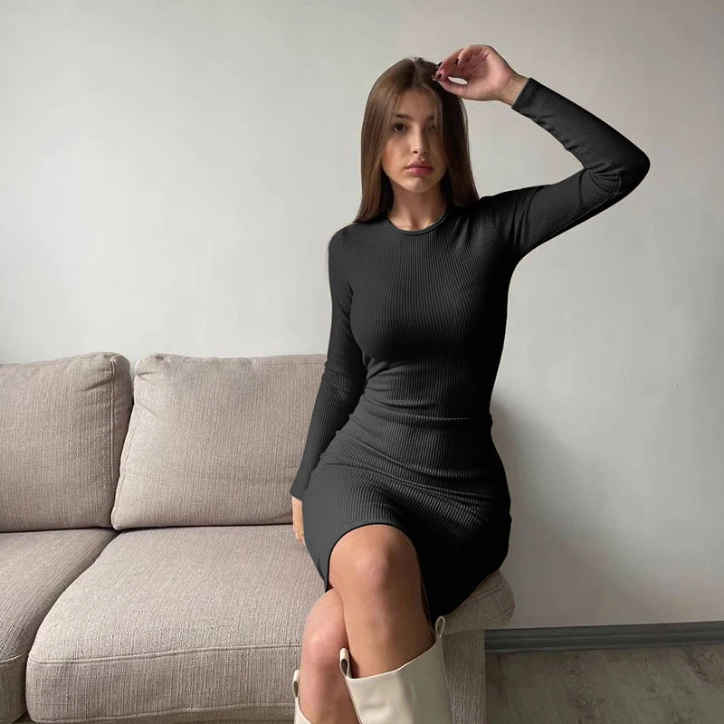 Autumn Winter Women's Dresses New Fashion Casual Slim O-Neck Long Sleeves Elegant Maxi Dresses Sexy Black Female Knitted Dress