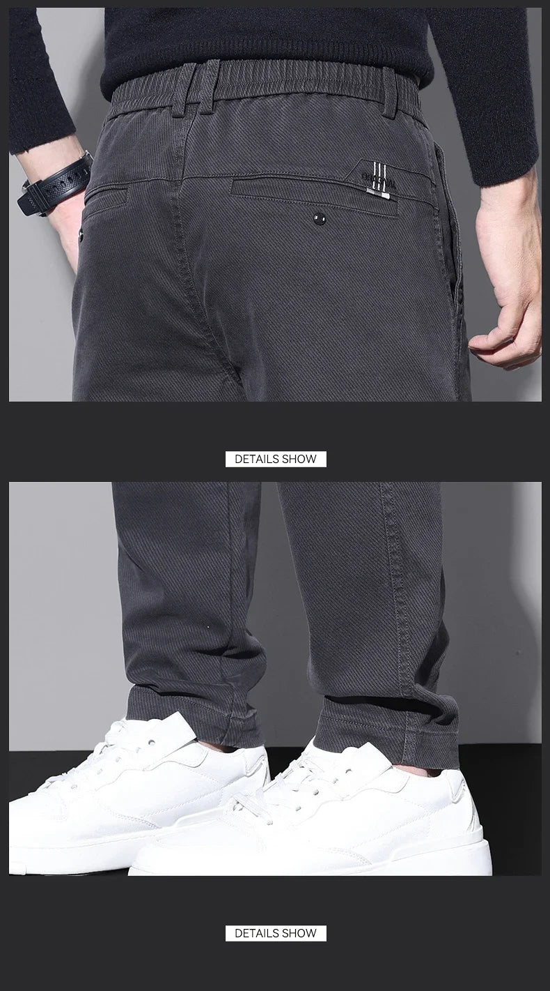 Brand Fleece Pants Forr Men Winter New Warm Cotton Elastic Waist Korean Fashion Twill Straight Plush Trousers Male