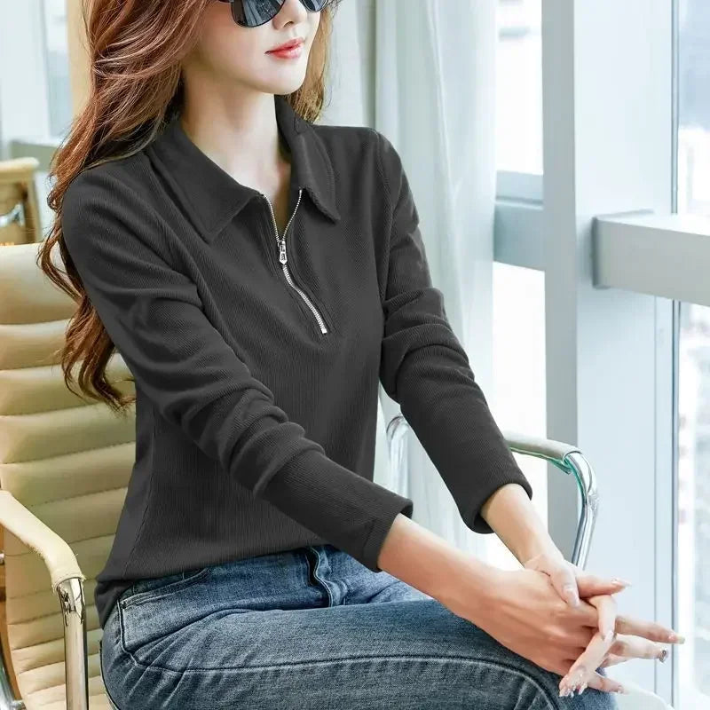Polo Neck T Shirt for Women Long Sleeve Woman Tshirt Autumn Winter Slim Shirts Youthful Elegant Clothing Trend 2025 Polyester In