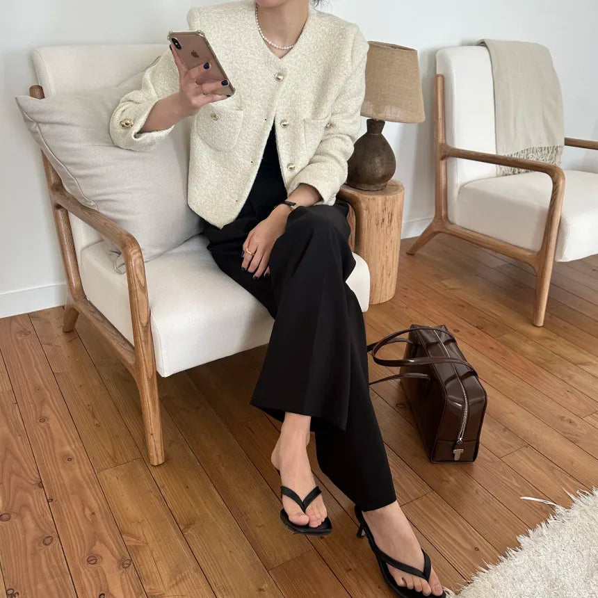 Women Autumn Winter 2025 French Vintage Coat Temperament High Quality Korean Casual Single Breasted Slim Tweed Jackets