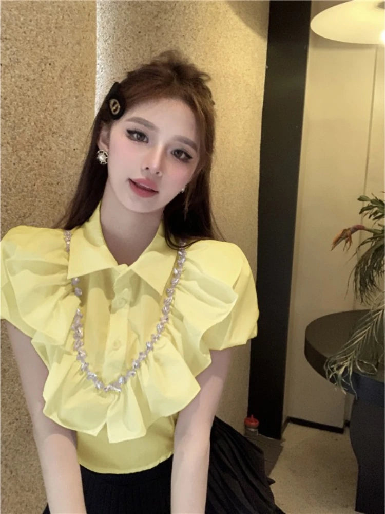White Women Blouses 2025 Blusas Mujer De Moda Puff Sleeve Slim Fit Heavy Diamond Crop Tops Ruffles Sweet Summer Blouse Shirts