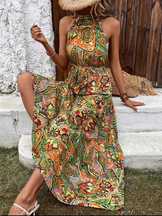 Women's Dress Elegant Print Sleeveless O-neckhalter Off Shoulder Dresses Vintage Waistlace Up Boho Women Long Dress Vestidos