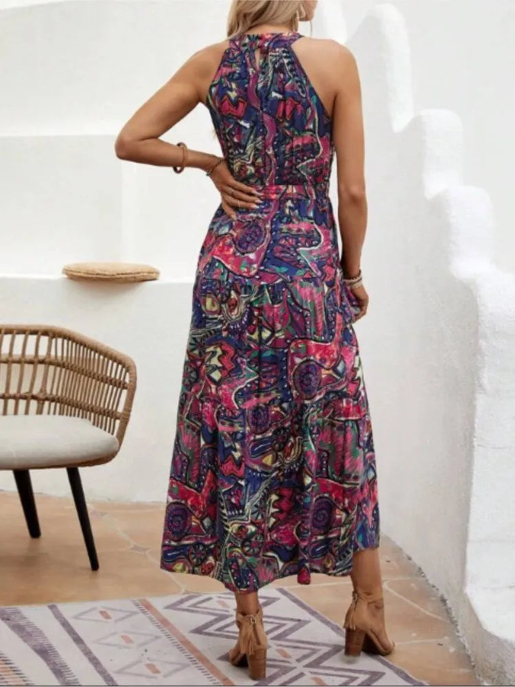 Women's Dress Elegant Print Sleeveless O-neckhalter Off Shoulder Dresses Vintage Waistlace Up Boho Women Long Dress Vestidos